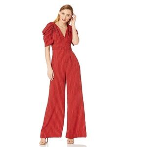C/Meo Collective Vices Red White Dot Gathered Puff‎ sleeve Wide leg Jumpsuit Sm